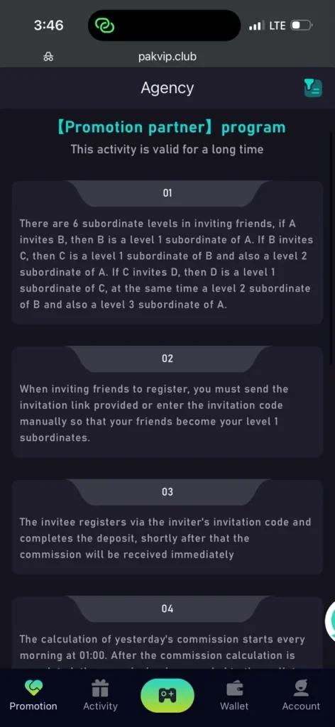 PAK VIP promotion partner programme rules on a phone, listing numbered conditions covering six subordinate invite levels, invitation-code requirements and daily commission calculation