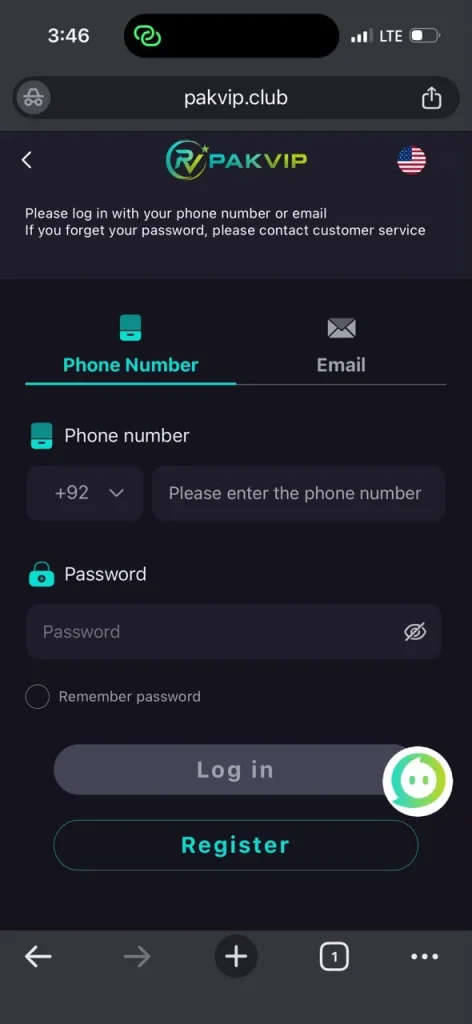 PAK VIP game login screen on a phone with phone number and email tabs, a plus 92 country code selector, a password field and Log in and Register buttons